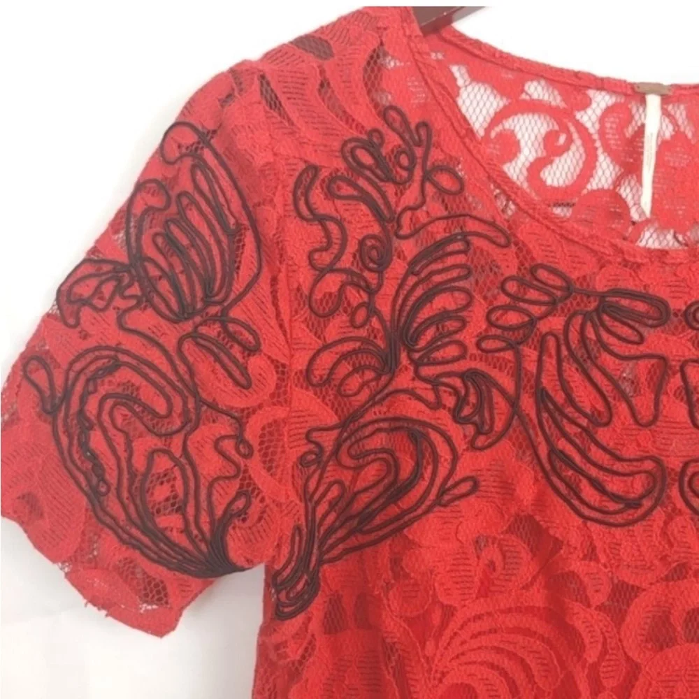 Free People‎ Lace Dreamer Dress Red black Embroidered Boho short sleeve
